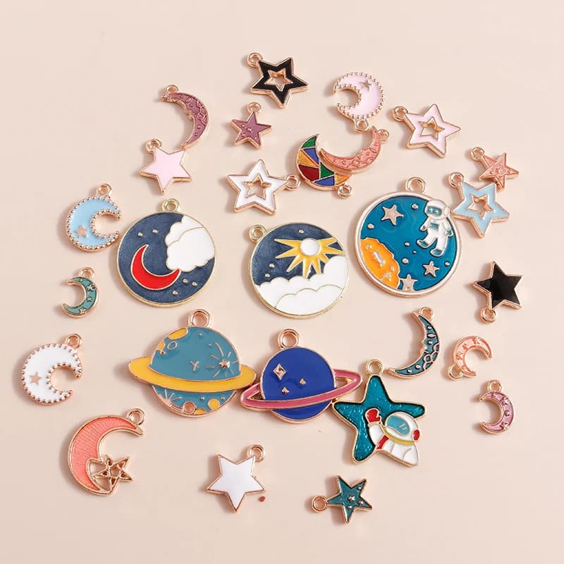 Leslie 10pcs Mixed Enamel Planet Space Star Moon Charms Pendants for Necklaces Bracelet Earrings DIY Jewelry Making Accessories