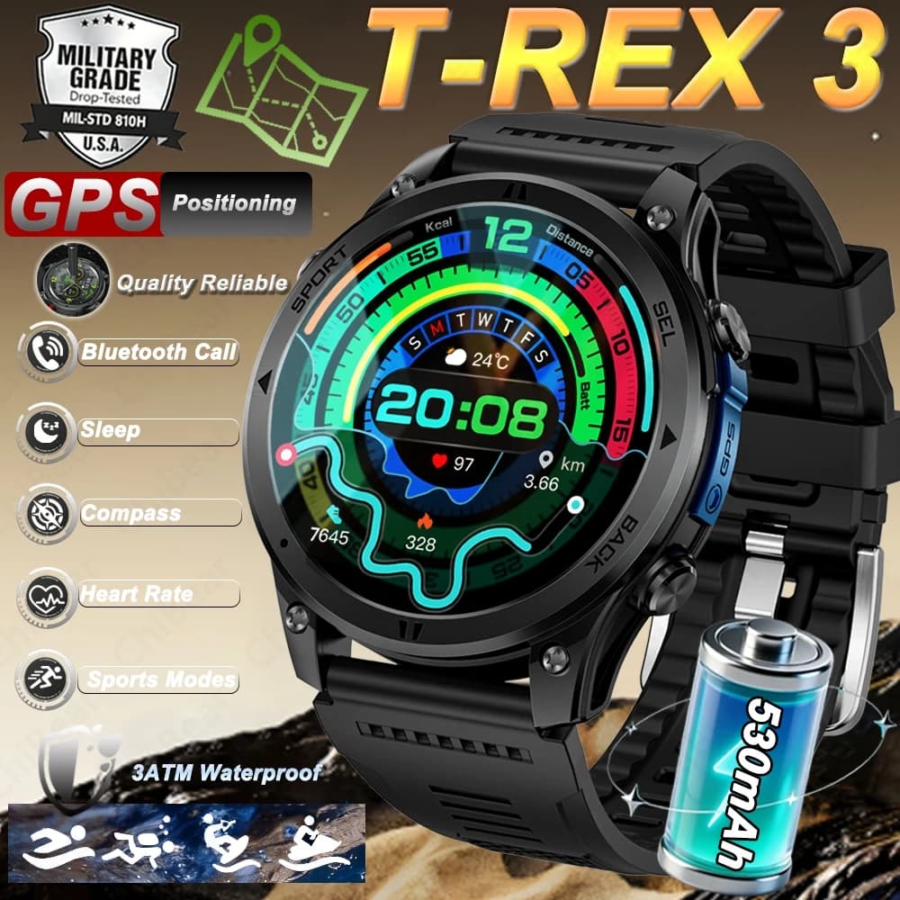 New Smartwatch T-Rex3 Pro GPS Tracker 2026 for Men, 7 Days Standby, 530mAh Battery, Robust Watch for Open Sports, Waterproof 3ATM