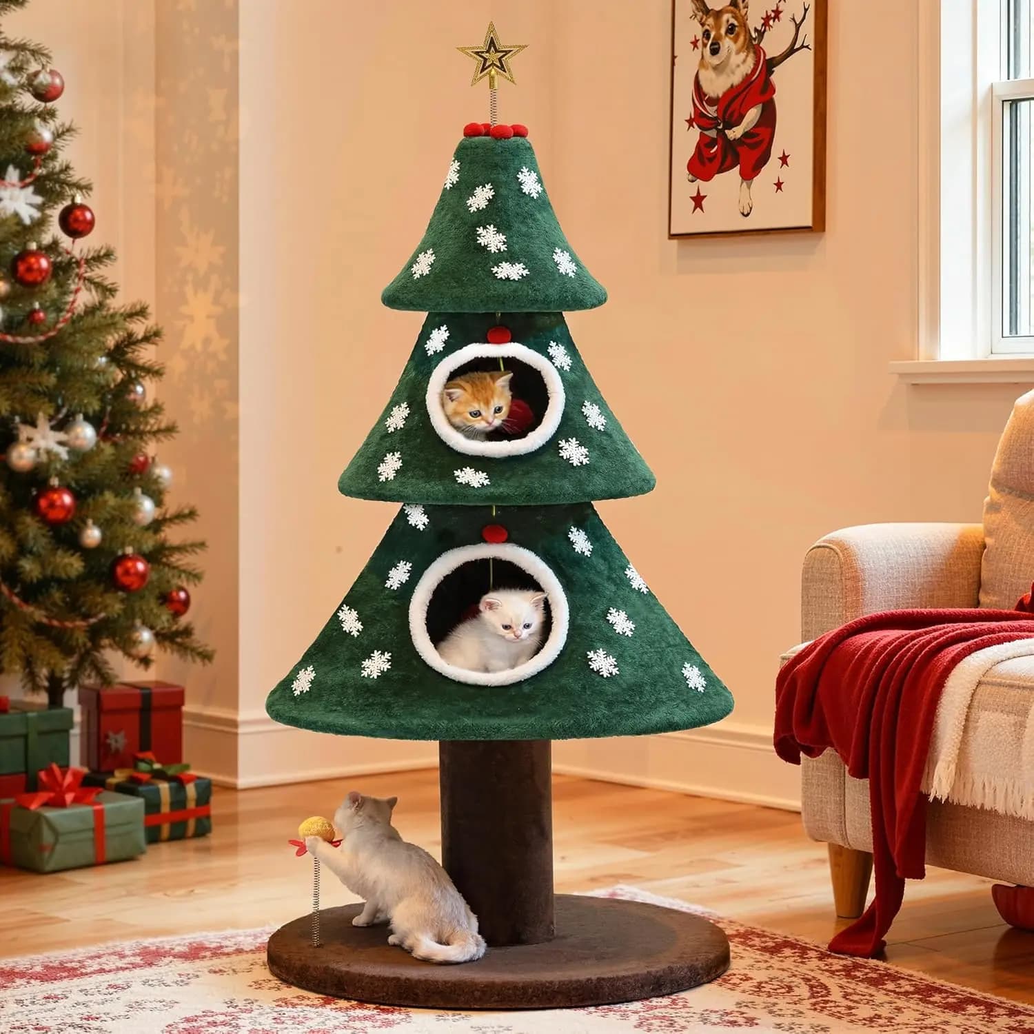 Casette Natalizie per Gatti da Interno, Albero Natalizio per Gatti con 2 Casette Accoglienti, Arredamento per Gatti con Giocattolo Teaser