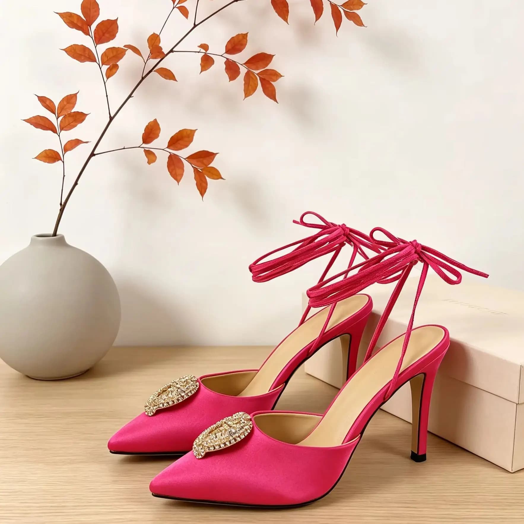 Rhinestone Decor Women Pointed Toe Stiletto High Thin Heels Pump Elegant Summer Party Fashion Sandals Ankle Lace Up Satin Shoes