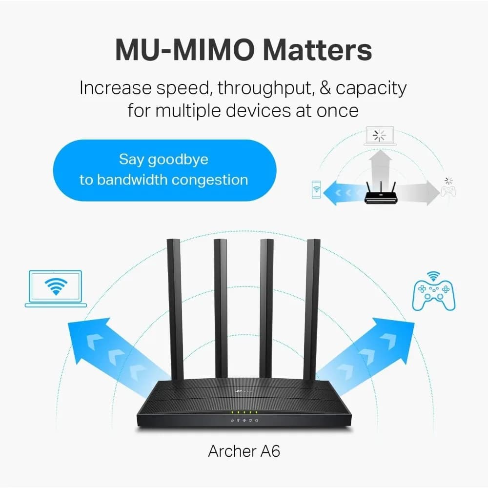Router WiFi Gigabit AC1200 (Archer A6) - Router Internet wireless MU-MIMO dual band, 4 antenne