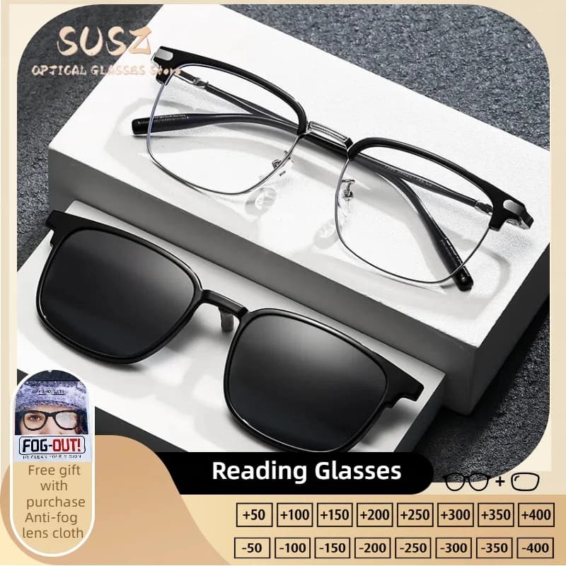 Polarized Sunglasses Minimalists SUSZ with Magnetic Clip, Blue Anti Light Eyelets for Women, Progressive Glasses on Prescription