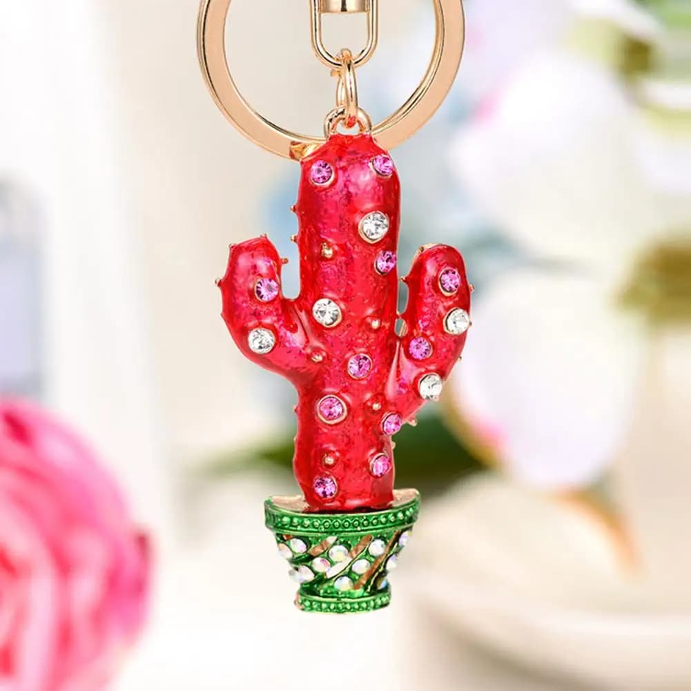 Ciondolo Portachiavi Cactus Verde con Strass Scintillanti, Design Smaltato a Goccia d'Olio con Bordi Lisci, Ideale per Zaini