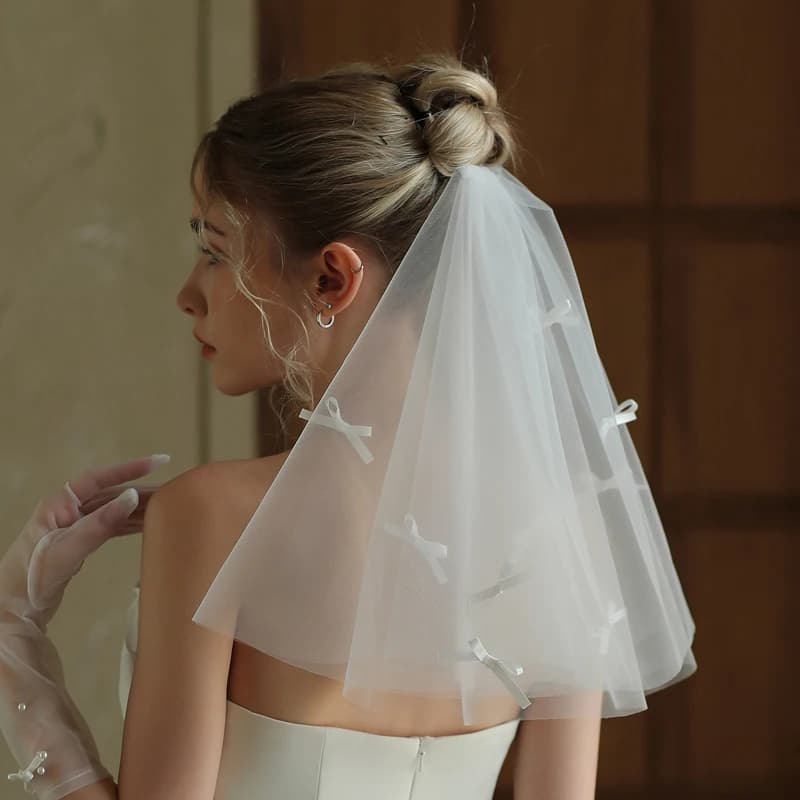 V371 Fascia per Capelli da Sposa a Doppio Strato con Fiocco a Farfalla Corto, Accessorio Nuziale, Fermaglio per Capelli per Servizio Fotografico di Fidanzamento per Spose
