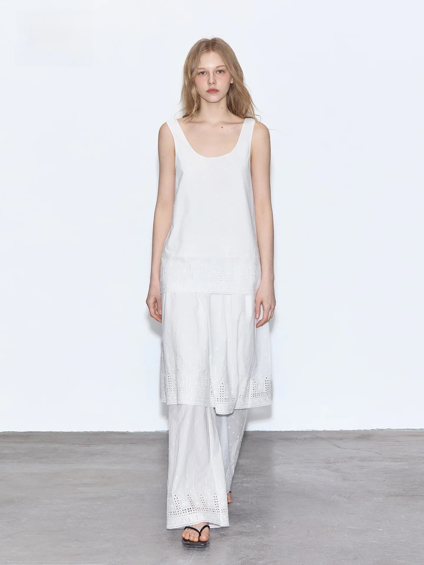 BobbyBecky Cloud White Embroidered Pure Cotton Vest Hollow out Stitched Overlap Wide Leg Skirt Pants Women's Fashion