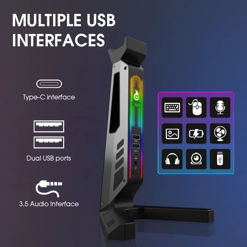 RGB Headset Stand with USB Hub 2.0/Type-C Ports LED Gaming Headphone Holder for Max/Sony/Bose/Razer