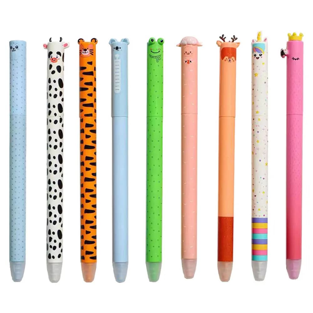 18 Penne Gel Cancellabili a Forma di Animale con Gomma Incorporata, Ricarica a Rotazione; Ricariche da 0,7mm; Scrittura Fluida e Neutra