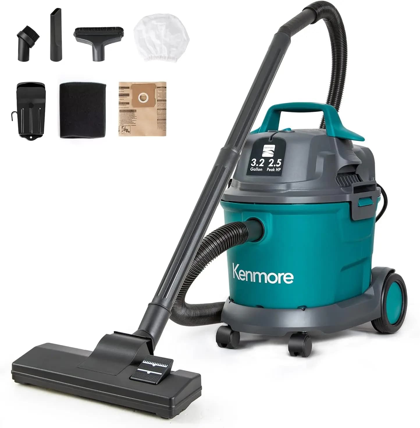 3.2 Gallon Solid & Liquid Vacuum Cleaner with Extension Pipes, Tool Door and Wall Mount for Garage, Car, Home