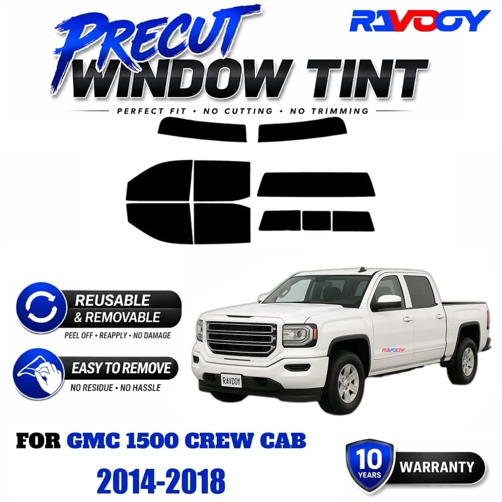 RAVOOY Precut Window Tint, Reusable Removable EPU Film, Custom Fit for Gmc 1500 Crew Cab 2014-2018, UV Heat Protection