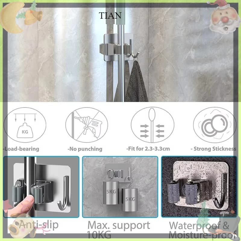 TIAN Mop Broom Holder Set Stainless Steel Broom Holder Wall Mounted Mop Wall Mounted Clips with Hook Self-adhesive Broom Holder