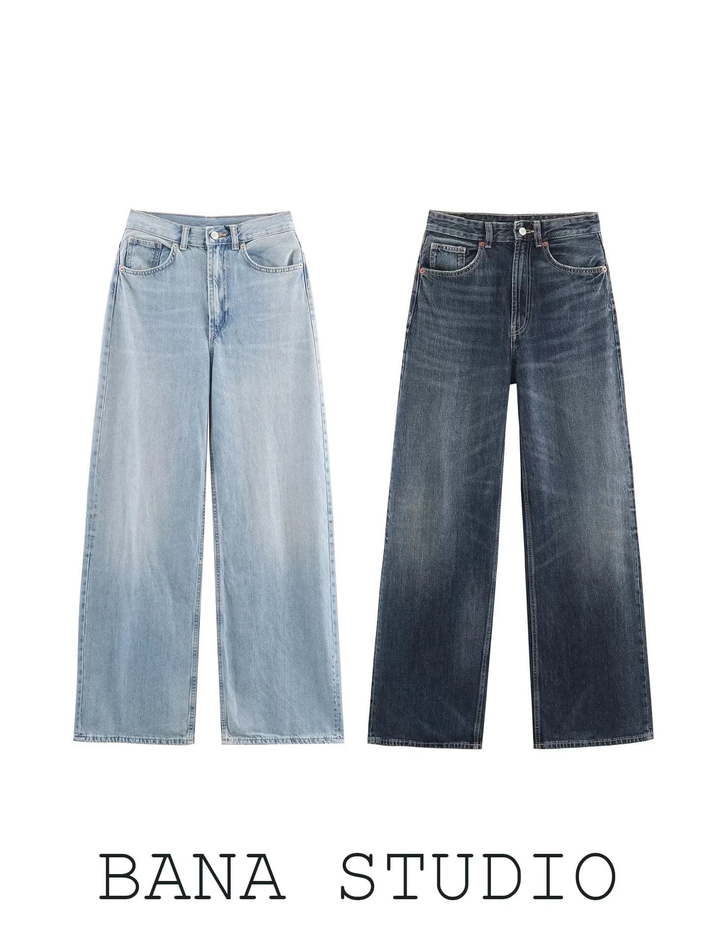 Jeans BANA a Gamba Larga e Vita Alta per Donna, Taglio Dritto Non Elasticizzato, Nuova Collezione Estiva, Blu