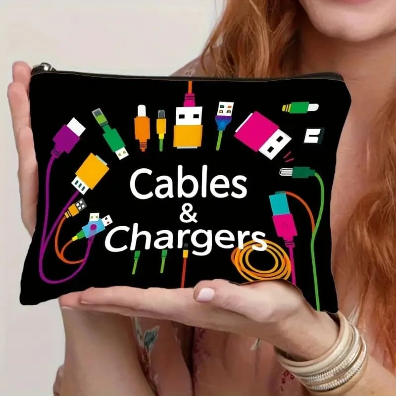 Borsa organizer per cavi Black Tech Icon, custodia da viaggio pieghevole durevole per power bank e cavi