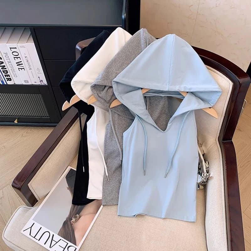 Top a Bretelle Bianco da Donna, Abbigliamento Sportivo Estivo, Canotta Interna Modellante, Indossabile anche all'Aperto, con Cappuccio