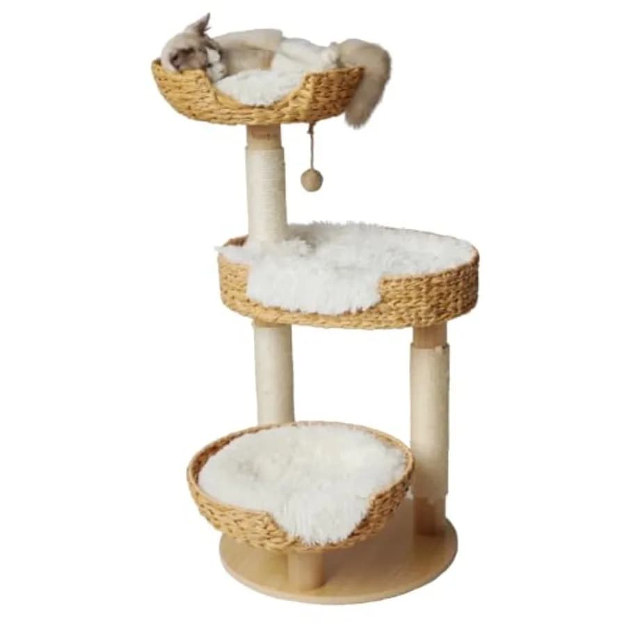 Tiragraffi per Gatti da 99 cm con Palo in Legno Naturale Rivestito in Sisal, Rattan PE Intrecciato a Mano, 3 Cesti e Cuscini Accoglienti