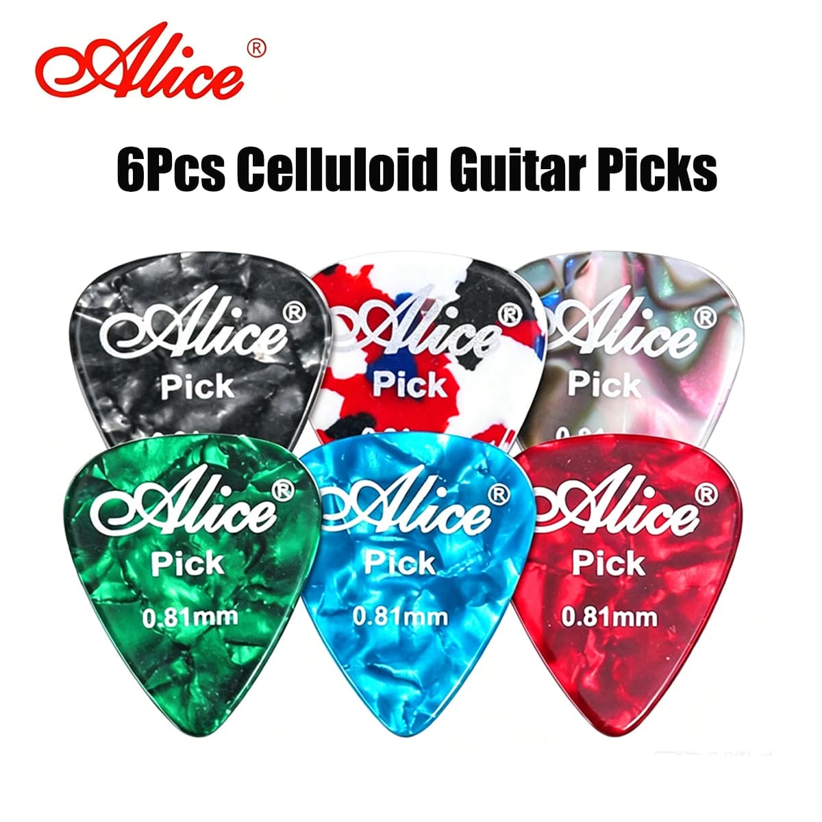 Alice 6Pcs Assorted Guitar Picks – Choose Single Thickness (0.46-1.50mm) or Mixed Set, Celluloid Material, Smooth Edge