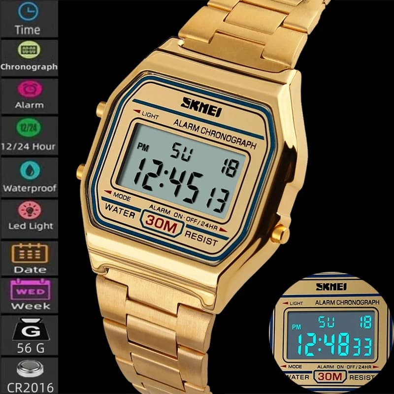 Skmei Bracciale digitale unisex Orologi Cinturino in acciaio inossidabile di lusso Cronografo impermeabile a LED Sveglia moda maschile