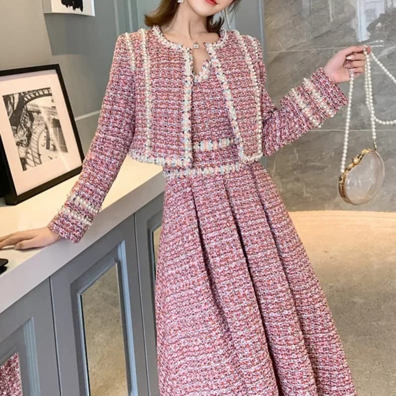 Vintage thickened tweed jacket + dress with beads Woman Autumn Winter Elegant set of 2 pieces Women's designer dresses set