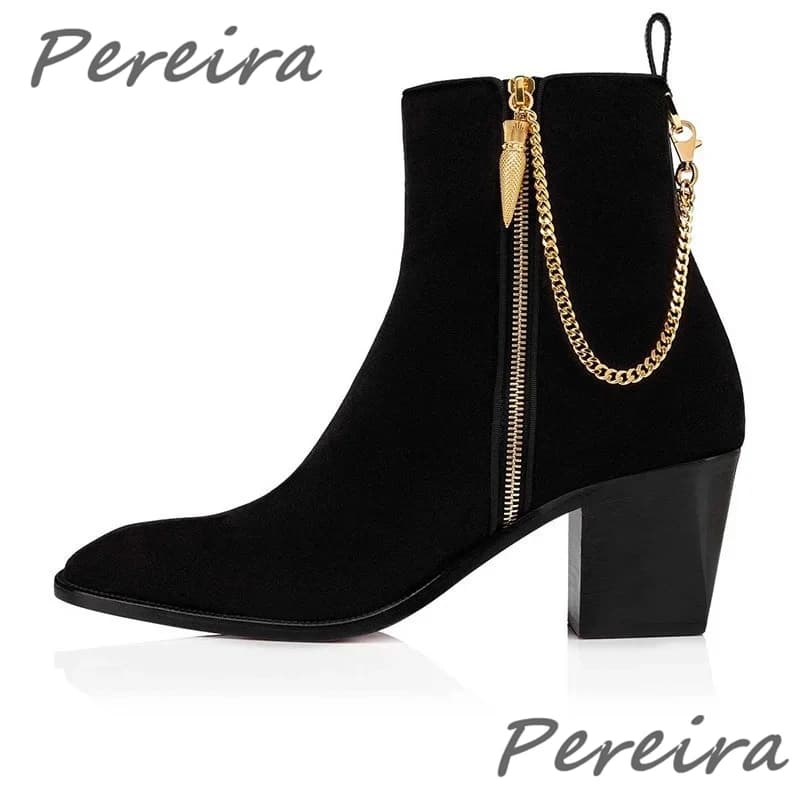 Men's Boots Suede Leather Golden Chain Velvet Red Black Pointed Shoes with High Heel Chelsea Boots with Side Zipper in true luxury leather