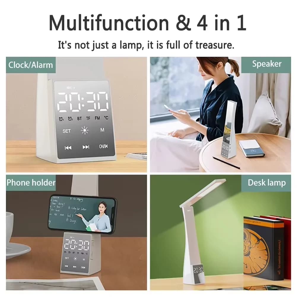 Lampada da Scrivania LED con Sveglia, 3 Temperature di Colore, Dimmerazione Continua, Ricarica USB, Luce Notturna, Lampada da Tavolo per Lettura con Protezione per gli Occhi