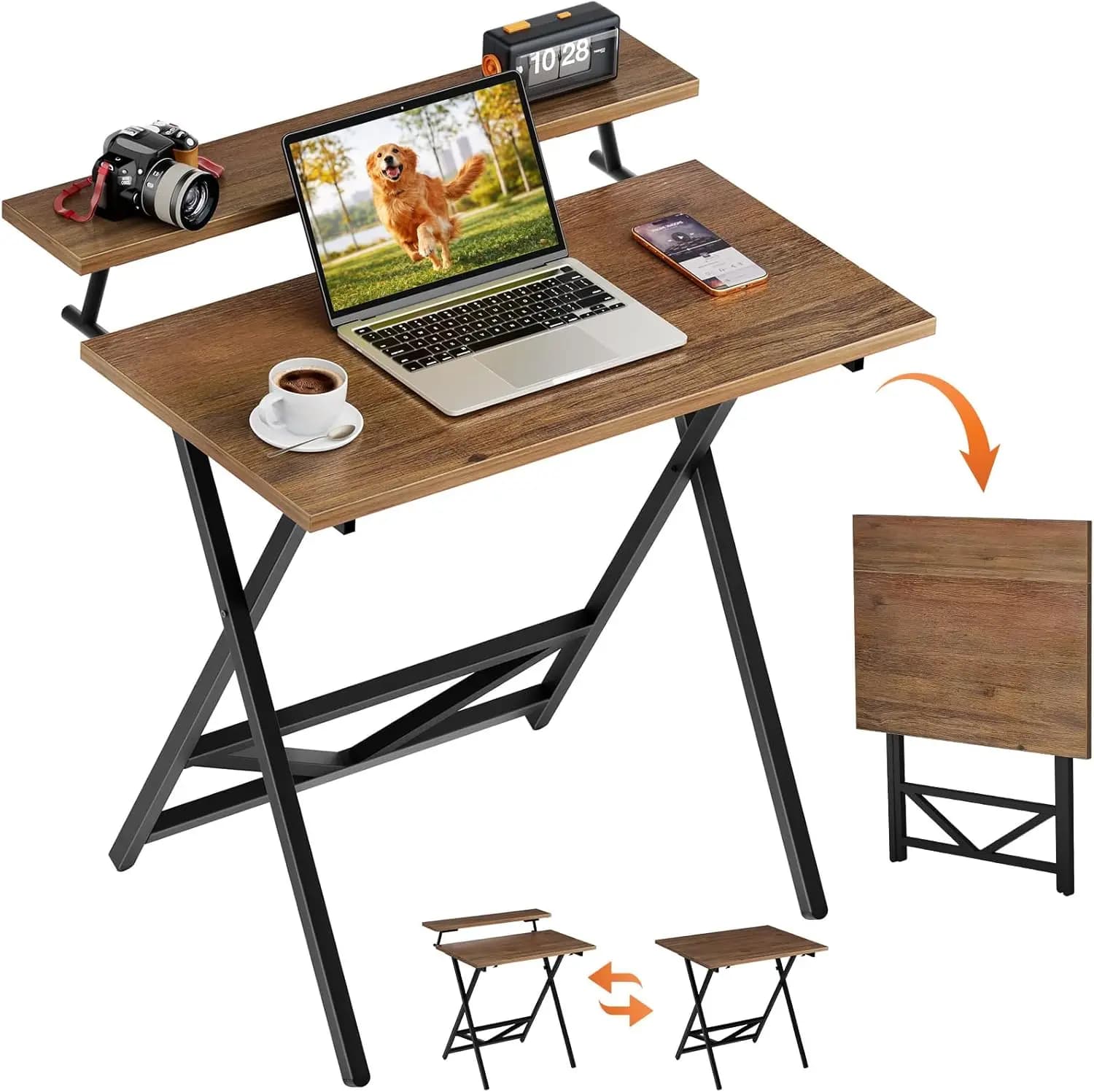 Scrivania per Computer Pieghevole Regolabile in Altezza 23.6x31.5 Pollici con Supporto Monitor, Scrivania Salvaspazio per Ufficio Domestico Facile da Montare Noce