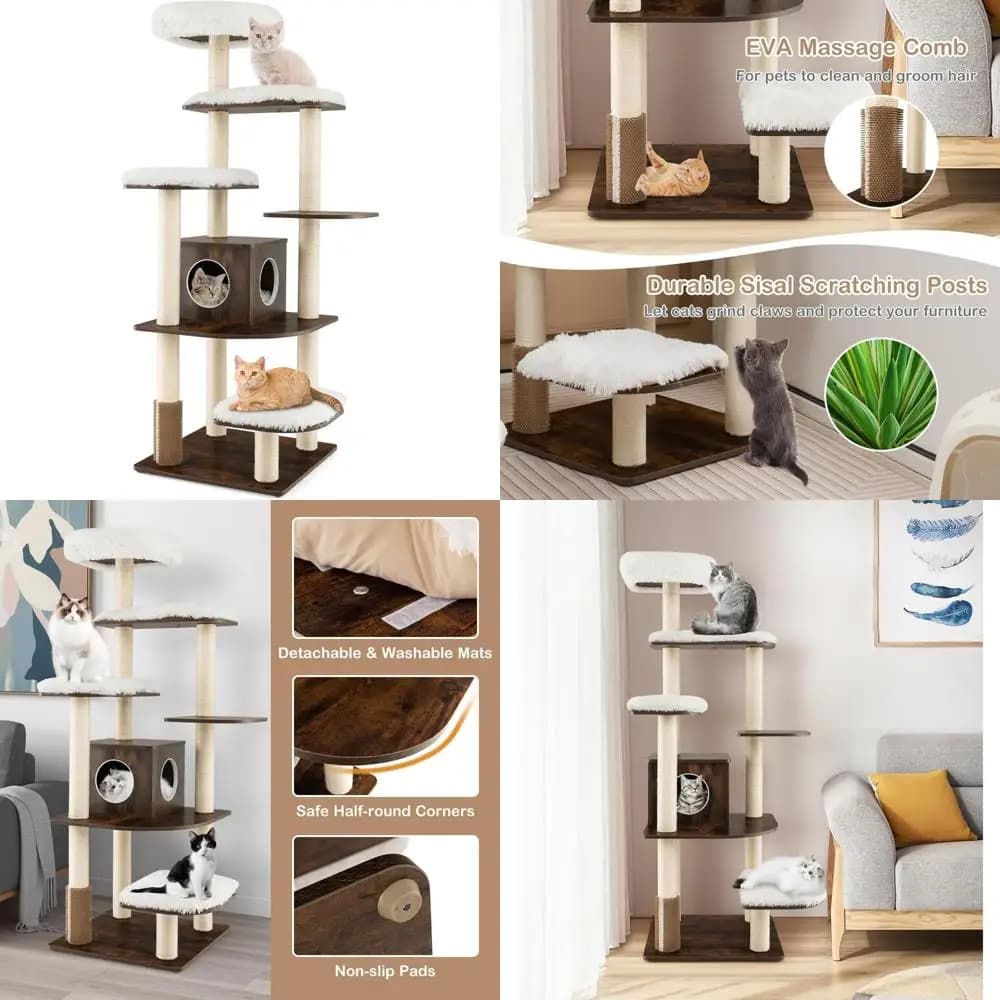 Torre per gatti moderna alta 71 per interni con piattaforme multilivello, pesce persico in peluche, condominio accogliente e tiragraffi in sisal