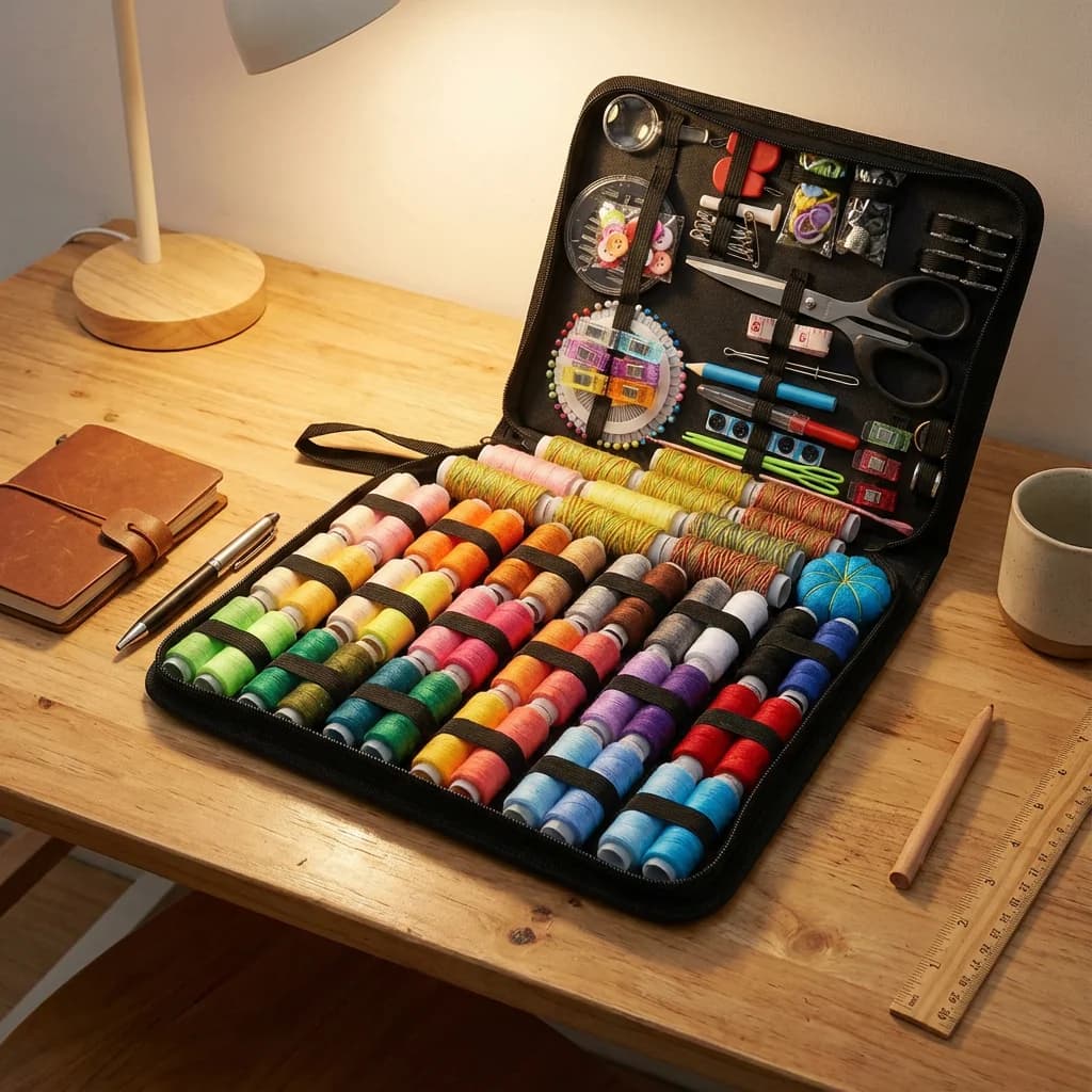 Kit da Cucito Multiuso per Casa, Viaggi ed Emergenze, Scatola Grande con Strumenti Completi e Fili Colorati Resistenti