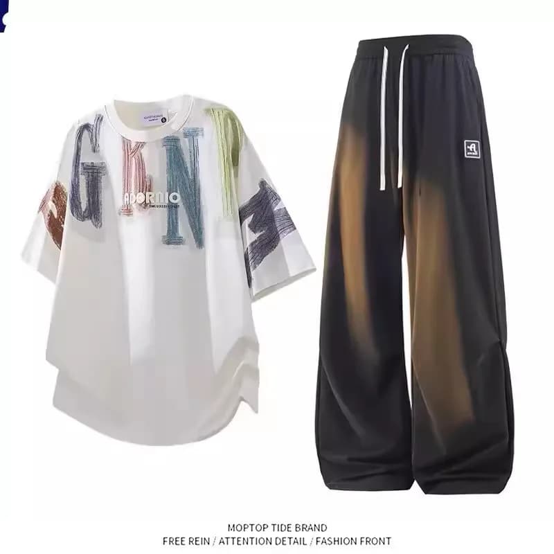 Completo Estivo da Uomo American High Street: T-Shirt Casual Larga e Pantaloni Lunghi in Poliestere, Taglie Grandi, Trendy
