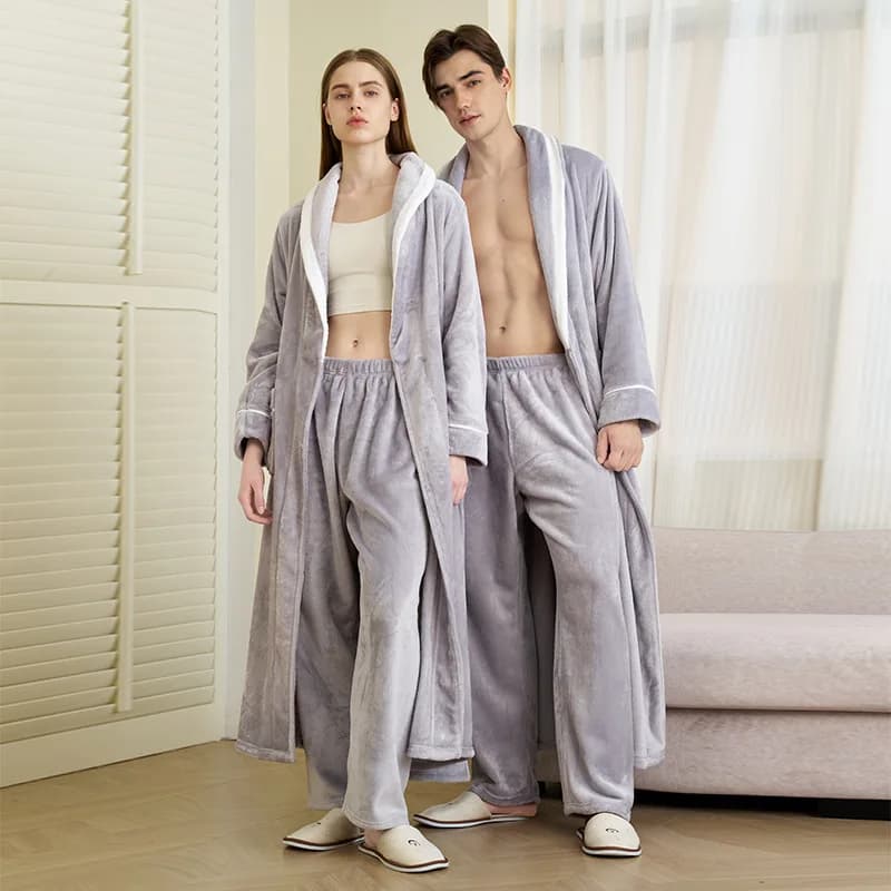 Couple 2PCS Flannel Robe Pants Set Winter New Thick Warm Pajamas Coral Velvet Ladies Lengthed Bathrobe Homewear Men Sleepwear