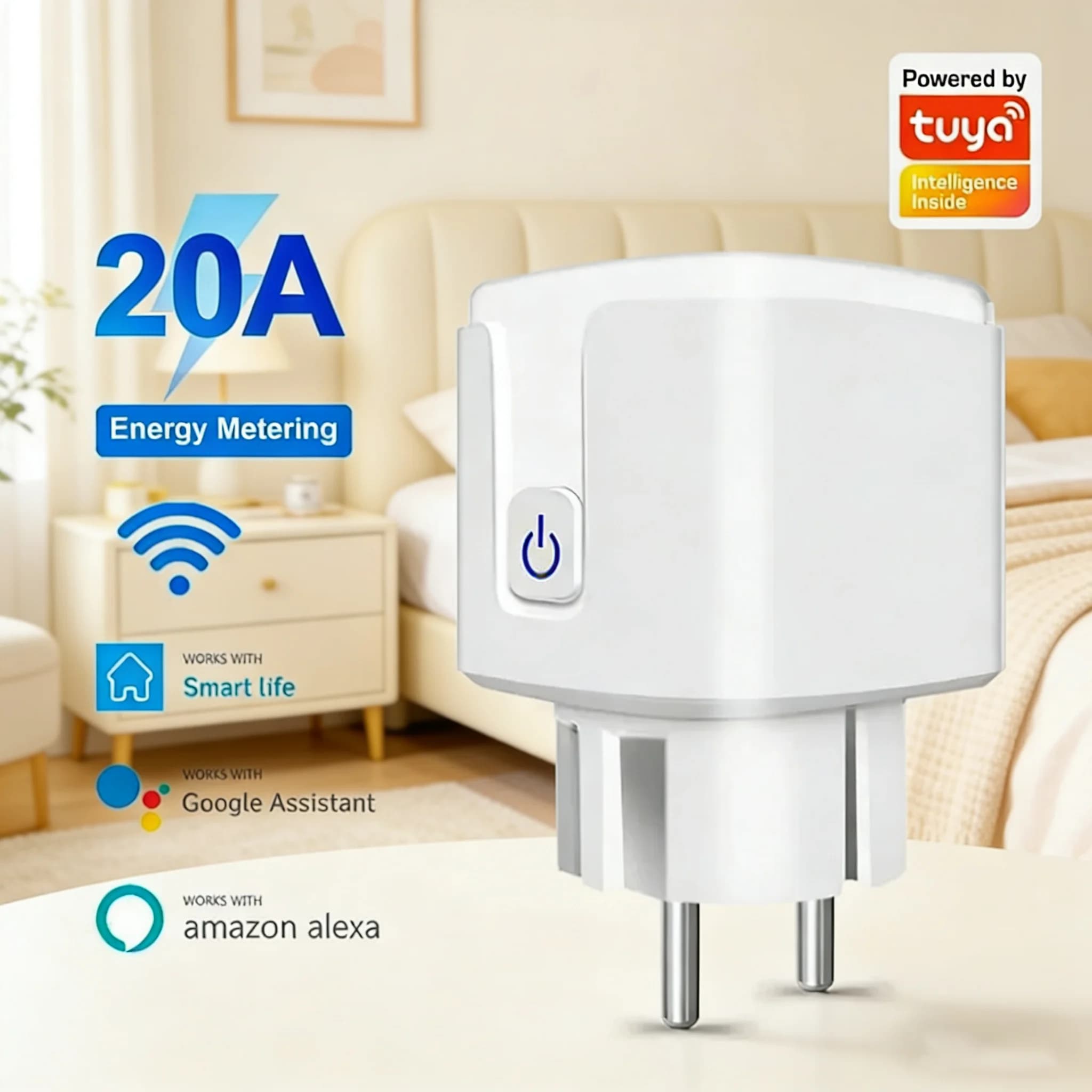 Presa Intelligente WiFi EU 20A Tuya con Monitoraggio Energetico e Funzione Timer, Controllo Vocale Smart Life Alexa Google