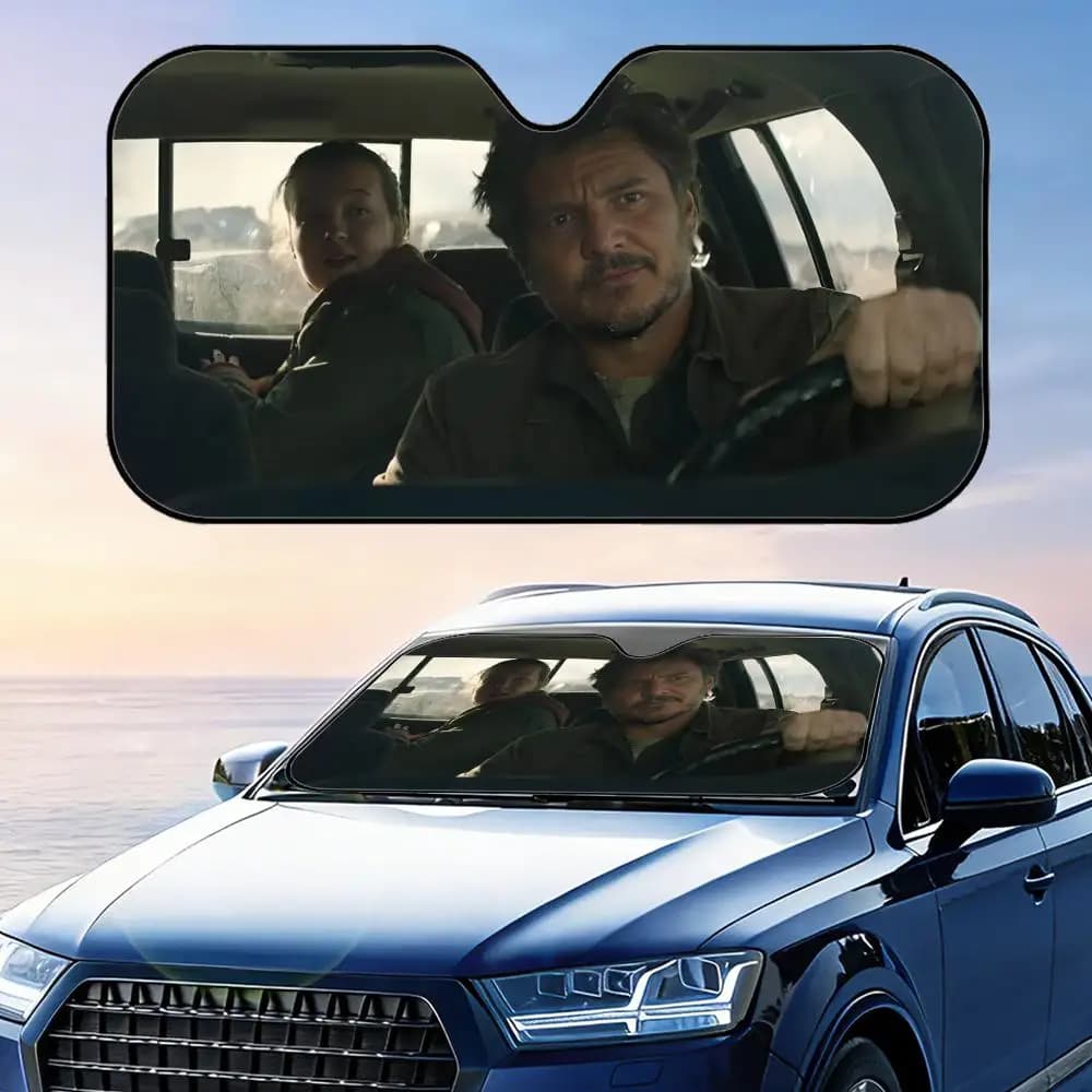 Movie P-Pedro Pascal Parasole per auto in lamina di alluminio riutilizzabile, protezione UV, isolamento termico, copertura per parabrezza