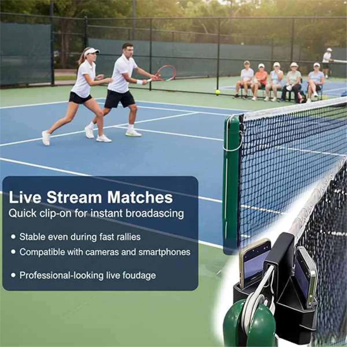Versatile camera support for tennis, volleyball, badminton, easy installation, compact phone support, 2 pieces