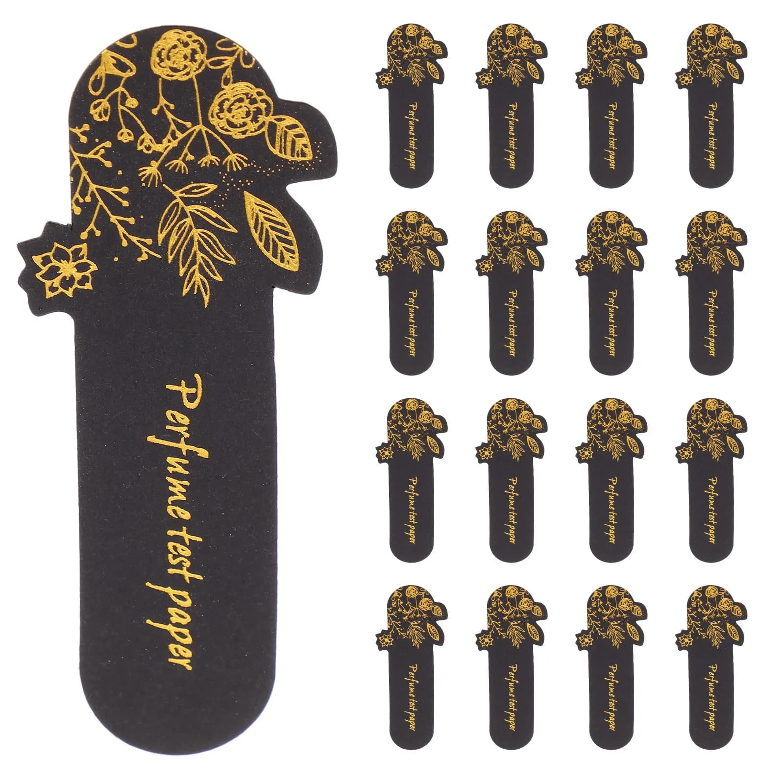 100Pcs Black Fragrance Scent Cards Gold Foil Detail Perfume Test Strips for Essential Oil Diffuser Blending Aromatic Bookmarks