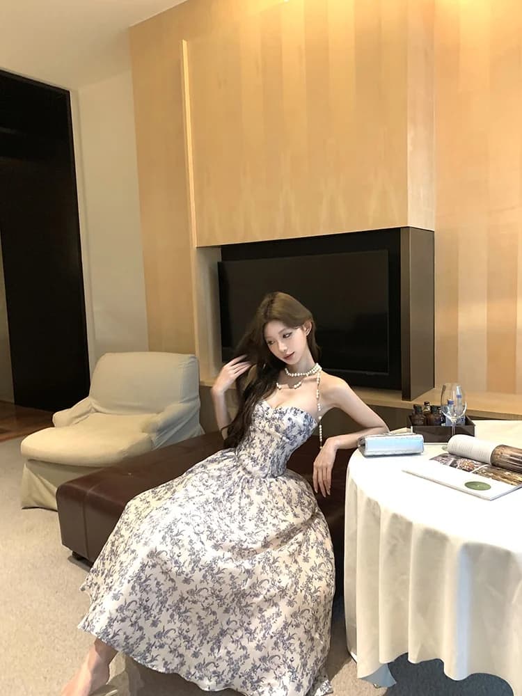 Abito Floreale con Stampa Floreale da Donna, Vestito Lungo a Trapezio Sottile Primaverile, Stile Vacanza, Elegante, Stile Coreano, Manica Corta