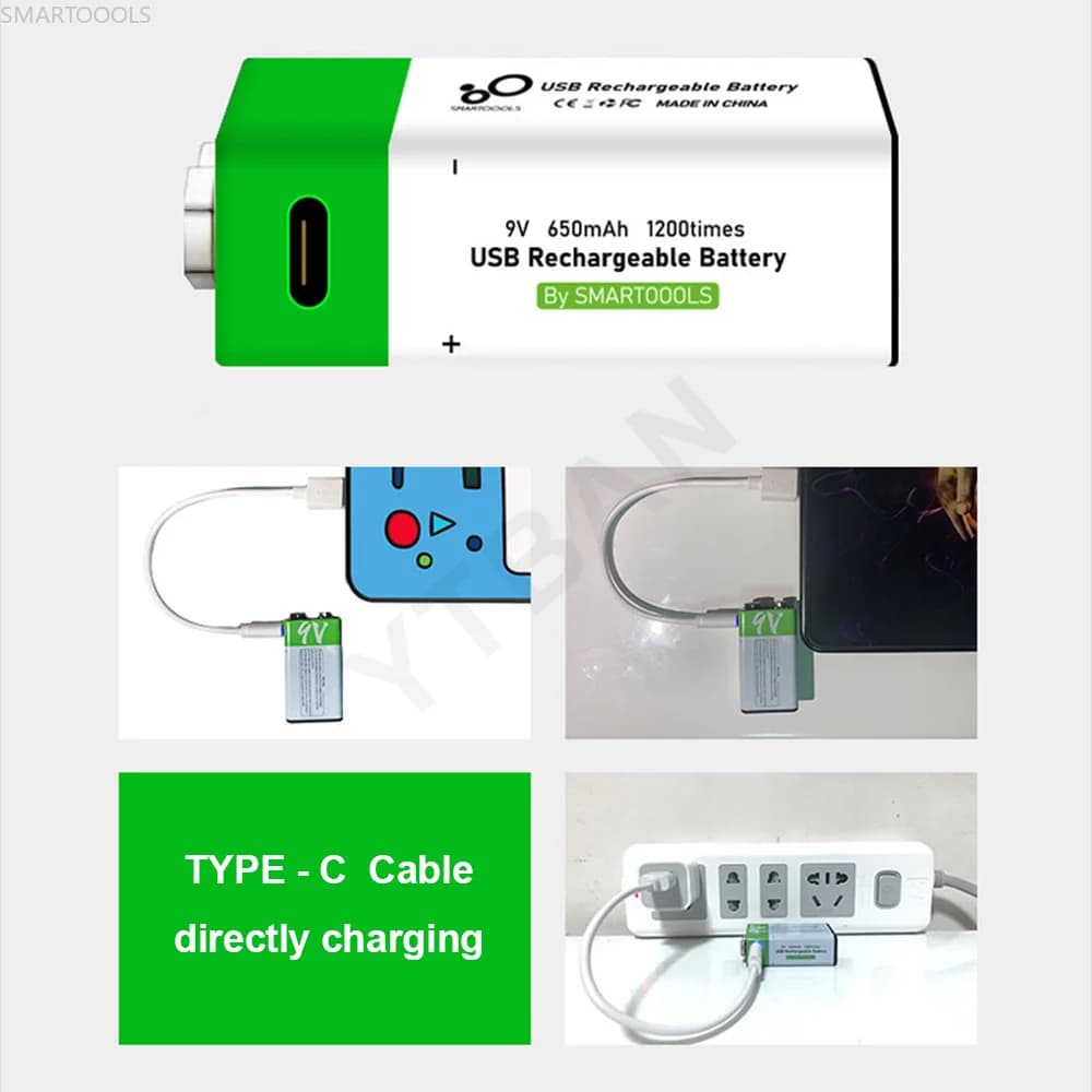 Batteria Ricaricabile 6F22 9V 650mAh agli Ioni di Litio per Rilevatore di Fumo, Multimetro, Microfono, Chitarra Elettrica, Rilevatore di Metalli