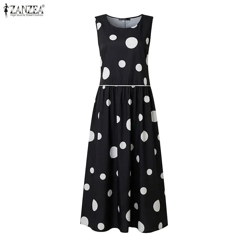 ZANZEA 2026 Abito Estivo Senza Maniche con Stampa a Pois da Donna, Elegante Casual per Vacanze e Spiaggia, Vestito Midi Ampio da Lavoro