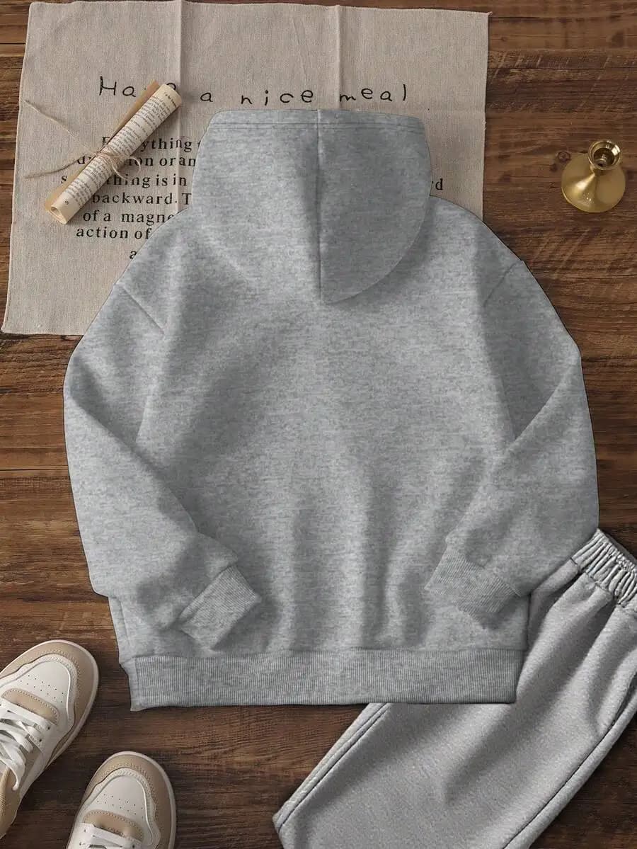 2pcs Set Gray Hooded Sweatshirt And Jogger Pants For Adults Casual Warm Outfit