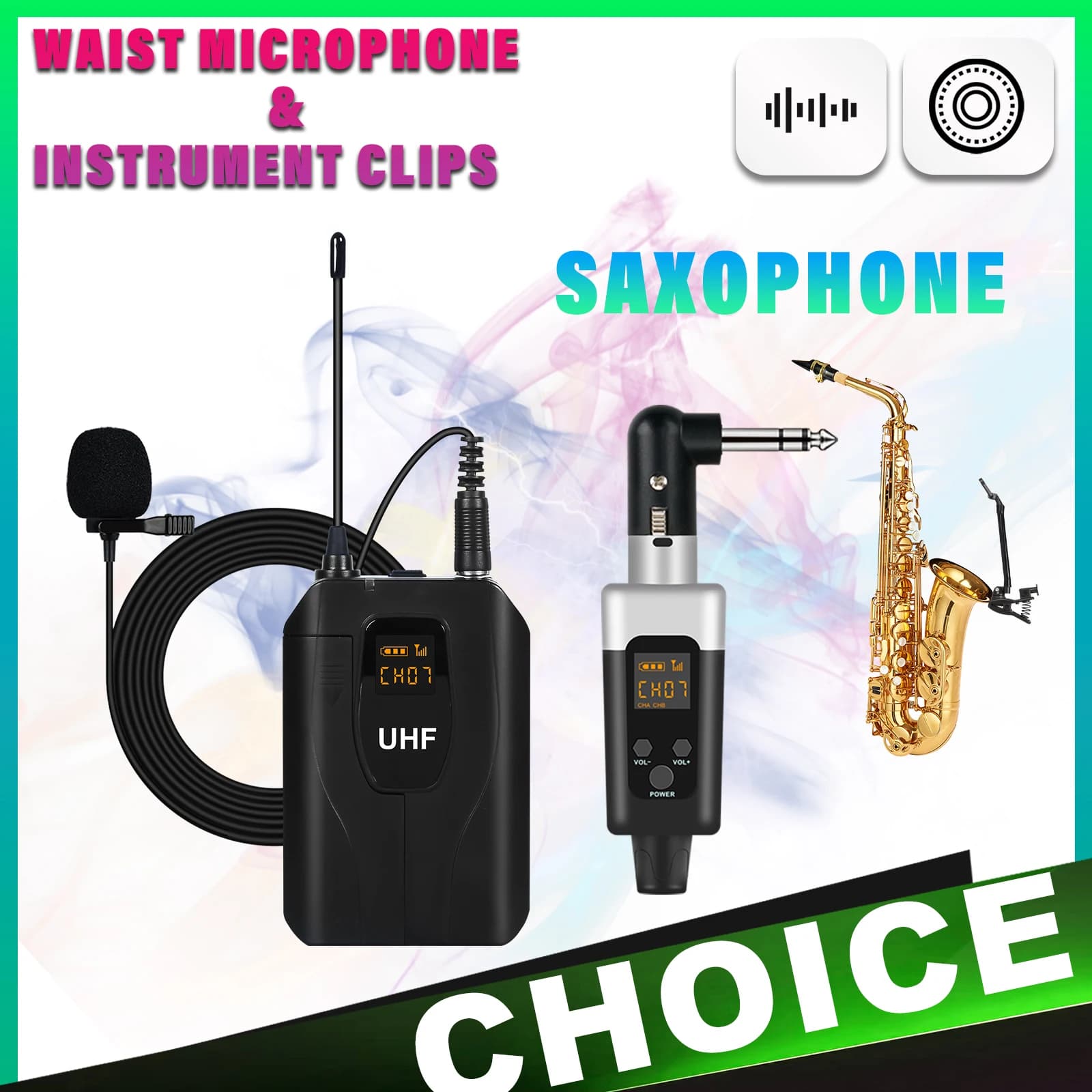 Wireless Saxophone Microphone with Adjustable Volume Waist Bag Collar Clip - Portable Hands-Free Mic for Musicians