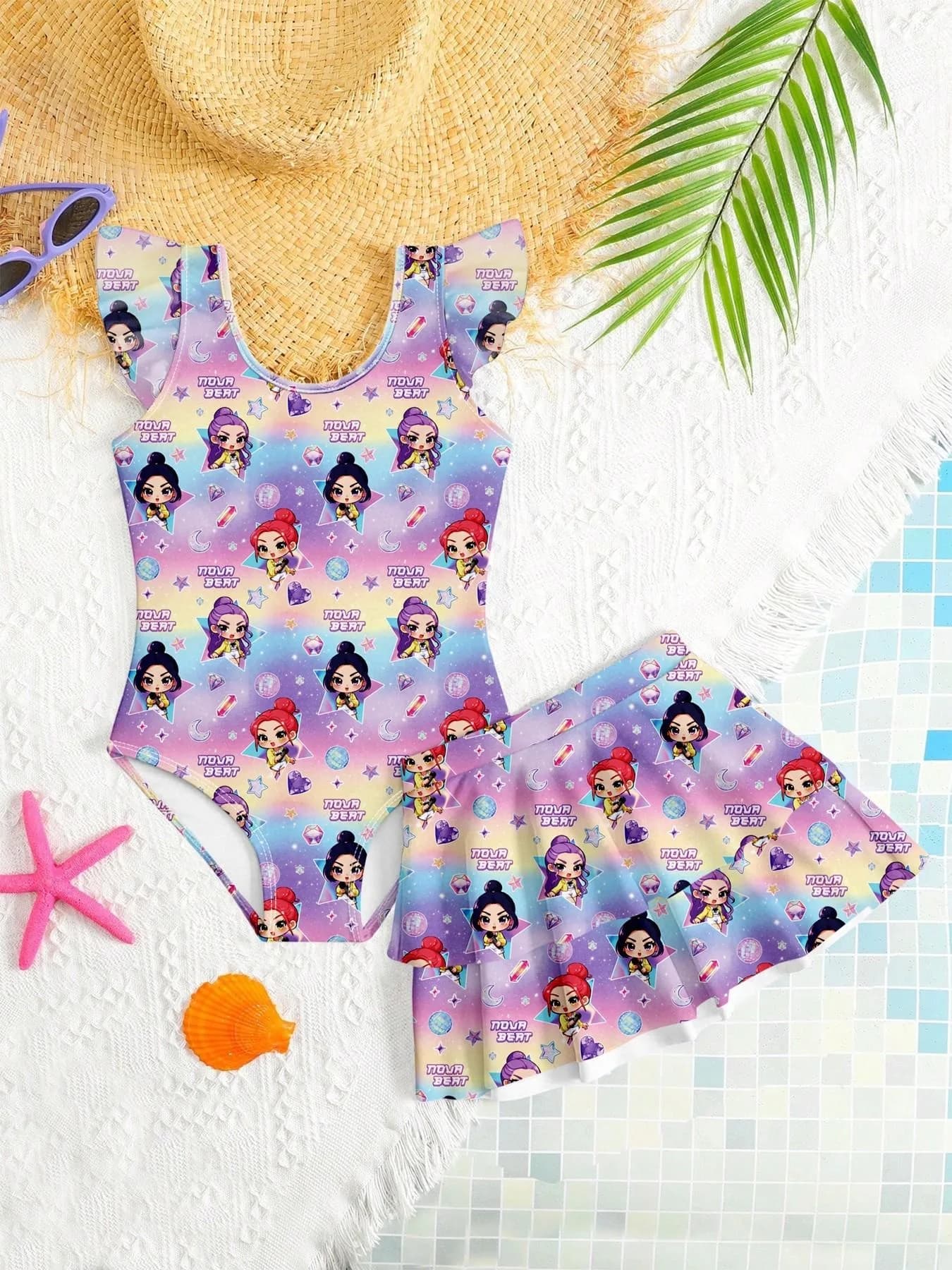 Costume da bagno con stampa cartoon per ragazze – Costume intero 2 in 1 con gonna sul fondo per abbigliamento da spiaggia per bambini