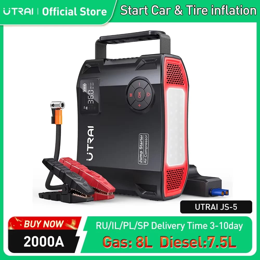 Compressore UTRAI 150PSI Pompa d'aria per auto da bicicletta 2000A Avviatore di emergenza Accumulatori e caricabatterie di riserva Gonfiatore per pneumatici wireless Compressore d'aria a LED