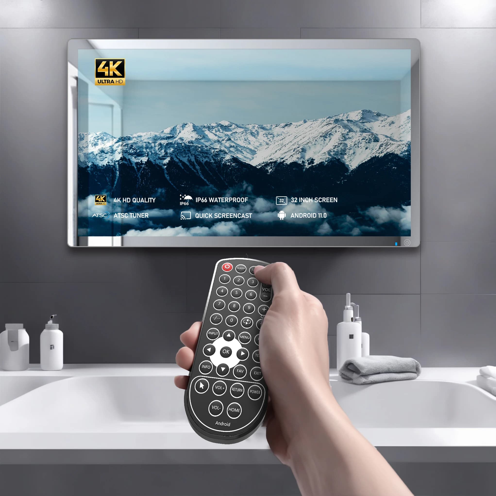 Specchio TV intelligente da bagno da 32 pollici - 4K ultra alta definizione, impermeabile IP66, telecomando vocale, sintonizzatore ATSC integrato, ARC