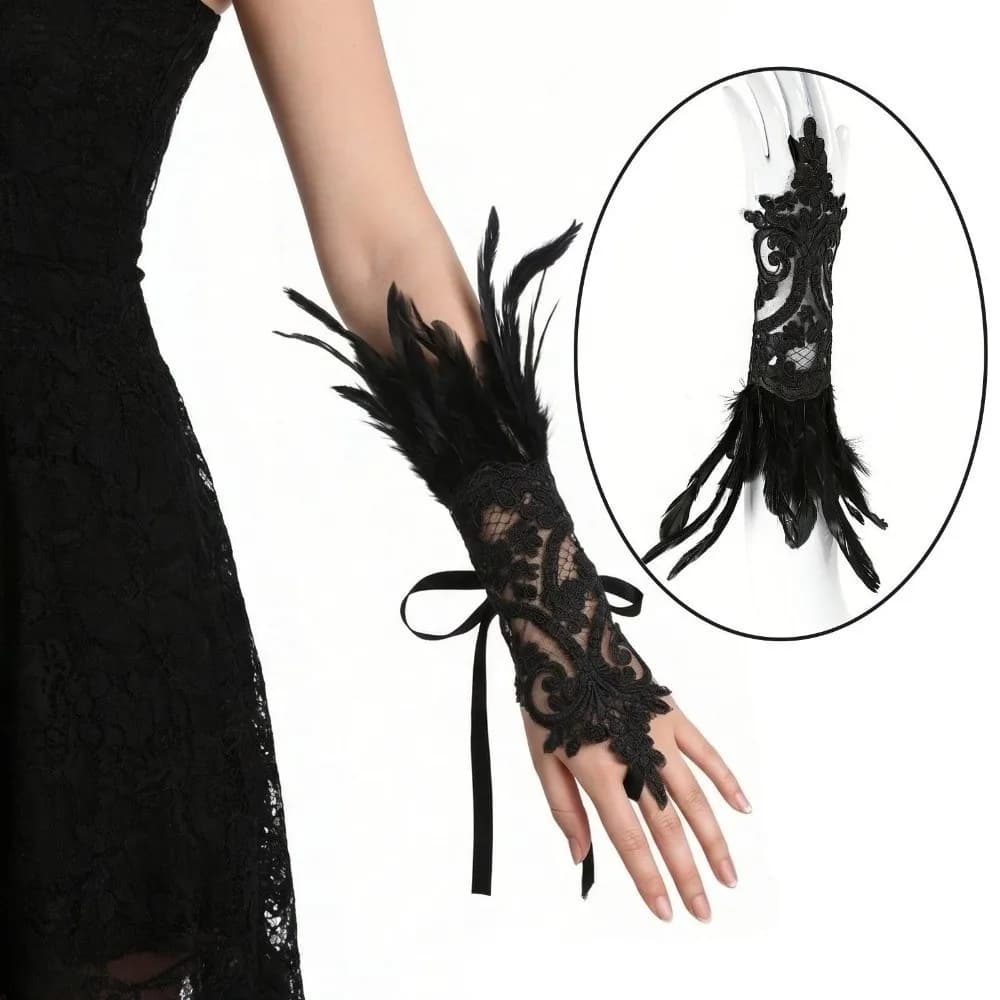 Witch Halloween Feather Gloves Embroidery Lace Women Feather Lace Gloves Halloween Gothic Halloween Wristband Cosplay Props
