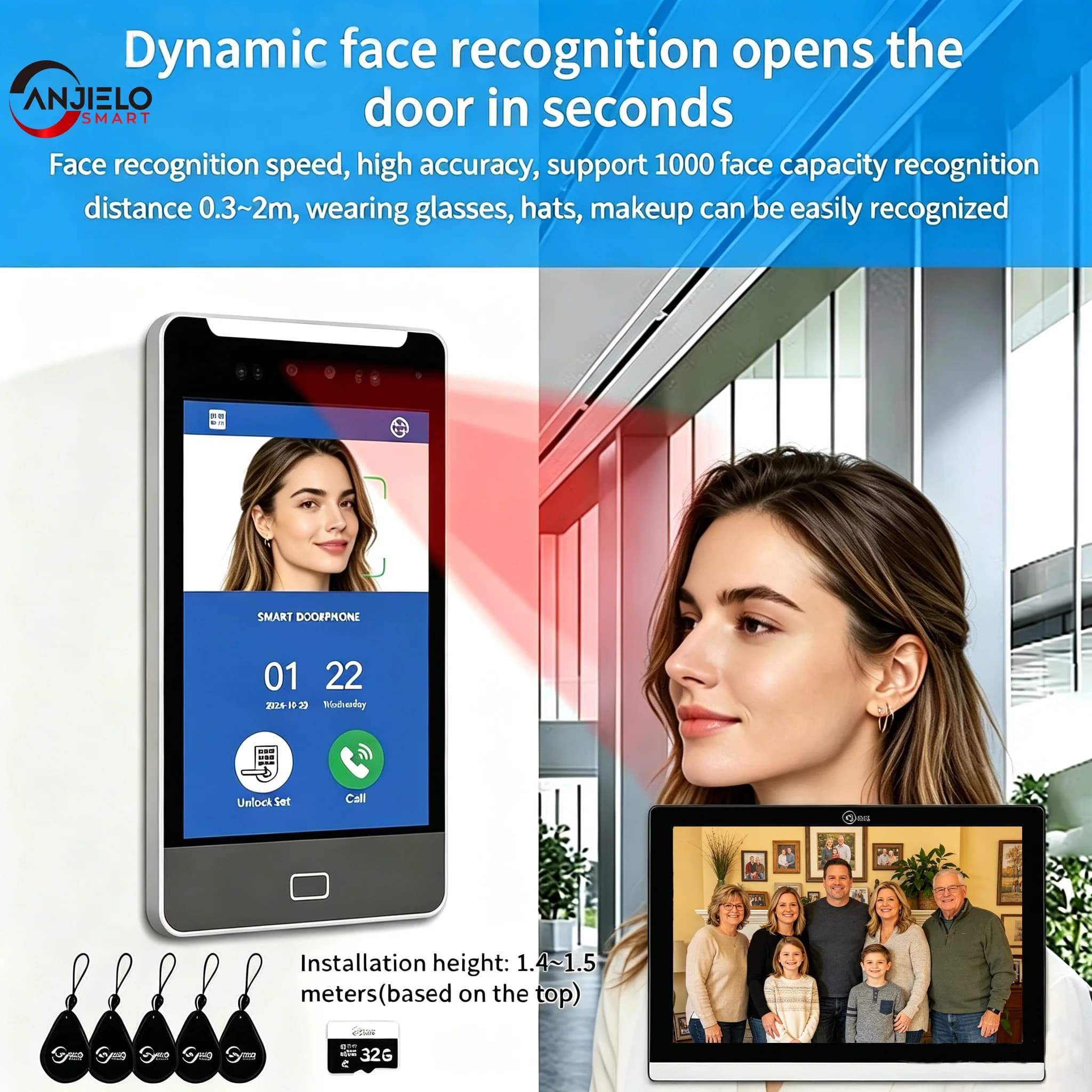 ANJIELO TUYA Smart Videocitofono 5IN1 con Riconoscimento Facciale AI per Ville, Grattacieli, Appartamenti e Uffici