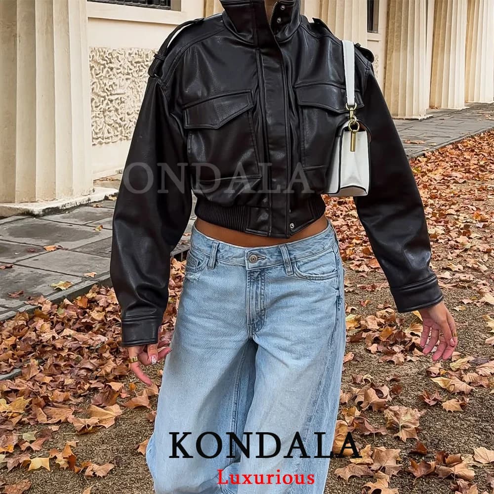 KONDALA Casual Chic Giubbotti bomber in pelle nera Donna Tasche a maniche lunghe Bottoni con cerniera Cappotto Moda 2025 Giacca autunno inverno