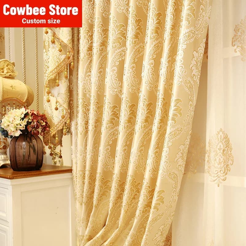 Custom Size European Jacquard Gold Luxury Curtains for Living Room Bedroom Embroidered Windows Blackout Tulle Valance Elegant