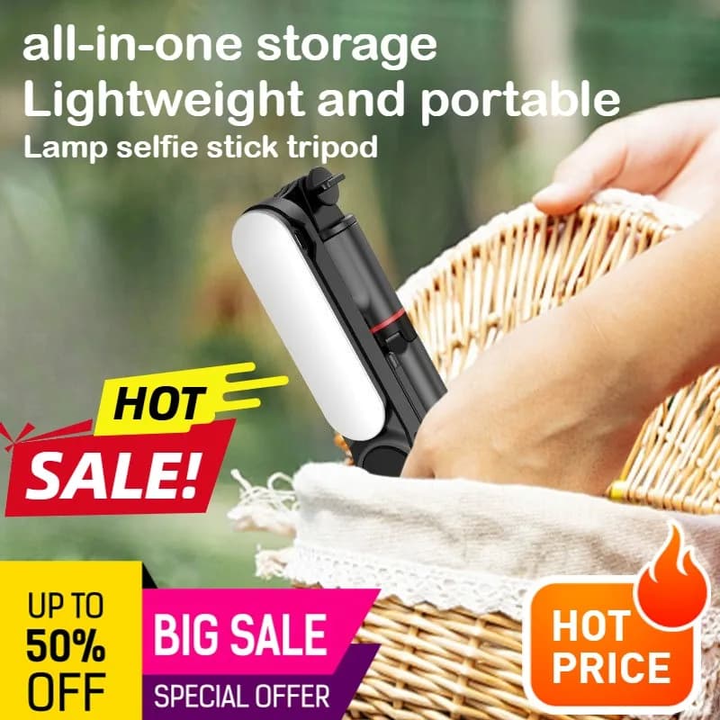 Asta Selfie Estensibile L15 con Treppiede, Luce di Riempimento, Anti-Shake e Telecomando Bluetooth per Streaming Live su Smartphone