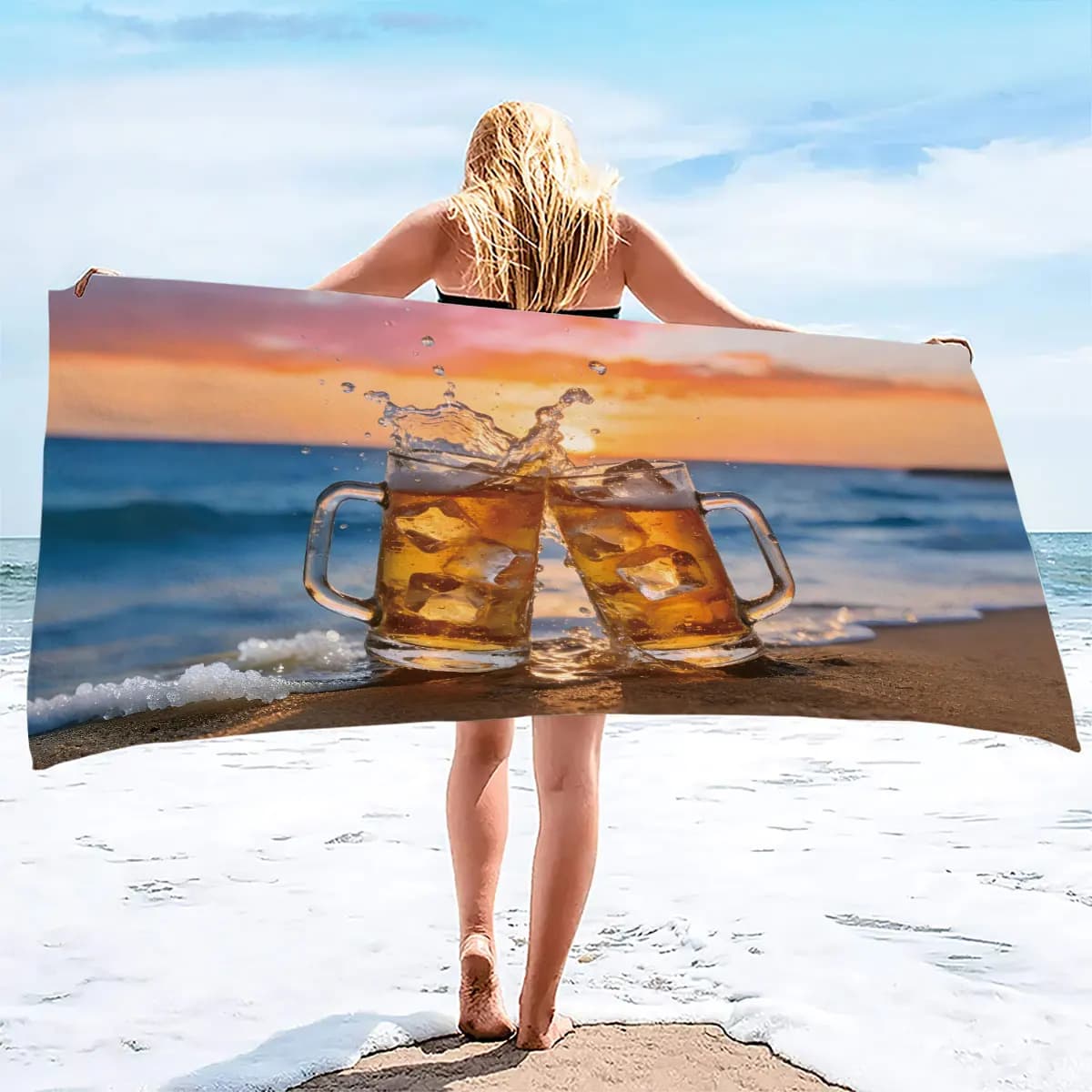 Asciugamano da Spiaggia con Stampa Stile Birra e Tempo Libero, Disponibile in Diverse Misure, Leggero, Assorbente, ad Asciugatura Rapida, per Viaggi e Vacanze all'Aperto