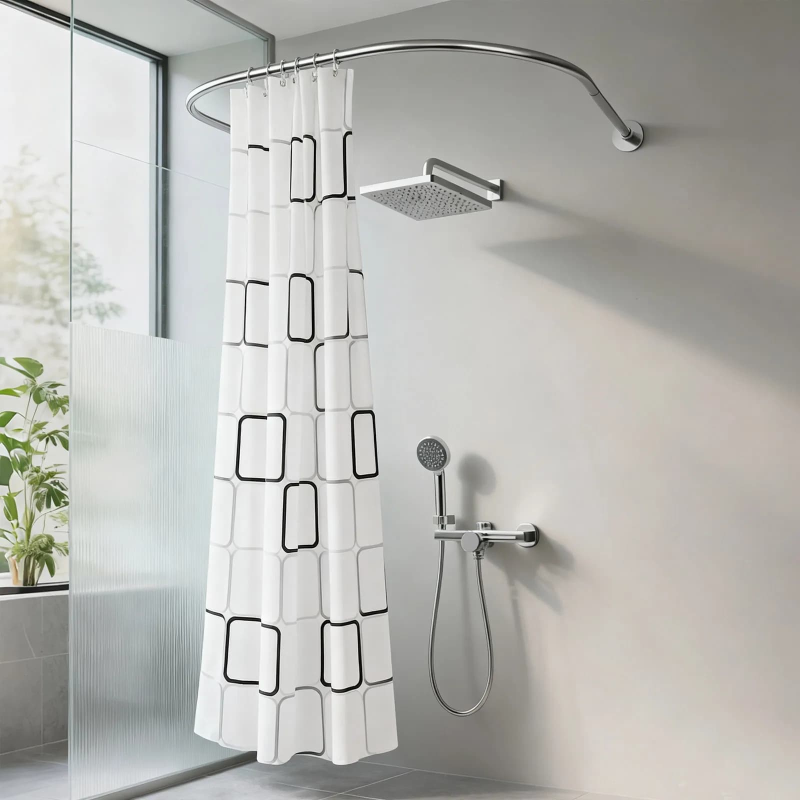 Heavy Duty U-Shaped Shower Rod 0.9-1.3m - No Drill Bathroom Tension Pole Set with Extra Long 2.4m Curtain, Rustproof Steel & Waterproof Fabric