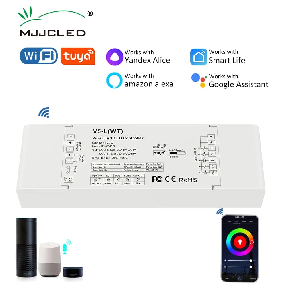 Tuya LED Controller Wifi RGB CCT RGBWW RGBCCT 5 in 1 LED Strip Light Dimmer Smart Life App Controller vocale 12V 24V 36V 48V 30A
