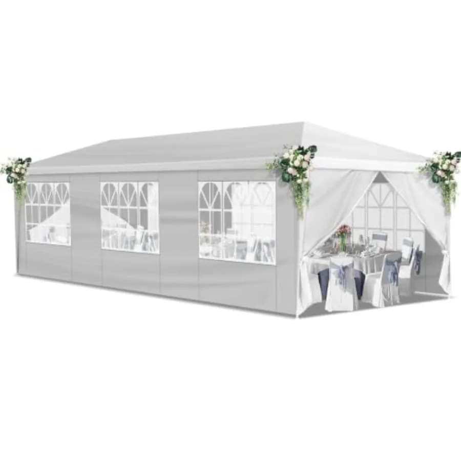 Outdoor party tent canopy for weddings, camping, backyard use; heavy duty PE material, white color; waterproof, UV resistant, 8