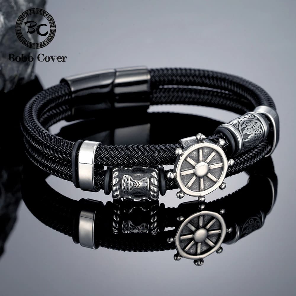 Viking Bracelets with Double Layered Wire, Stainless Steel Fashion Men's Bracelet with Rune Norrene, Amulet, Couple Jewelry, Male Gifts
